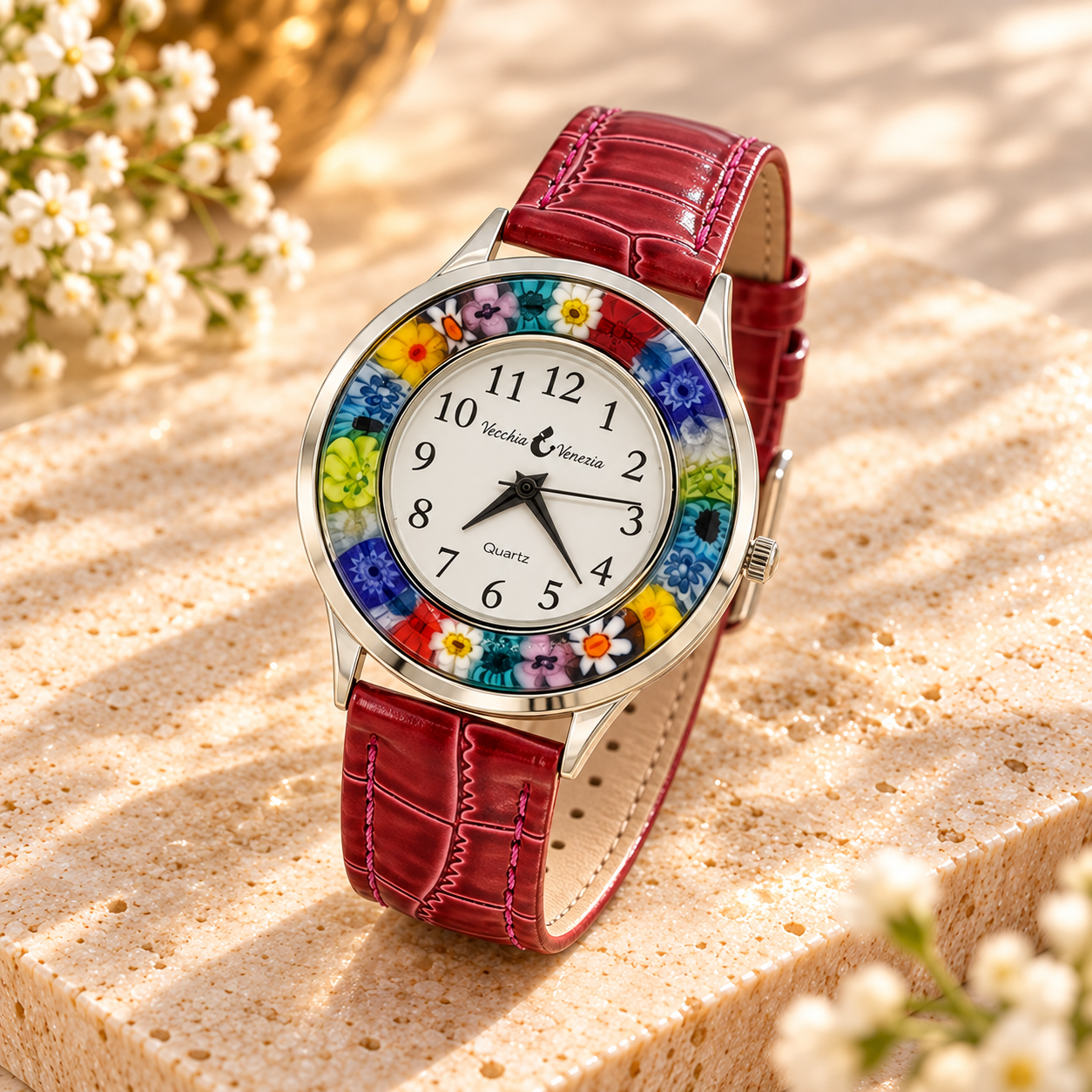 Millefiori-Uhr mit burgunderrotem Lederband
